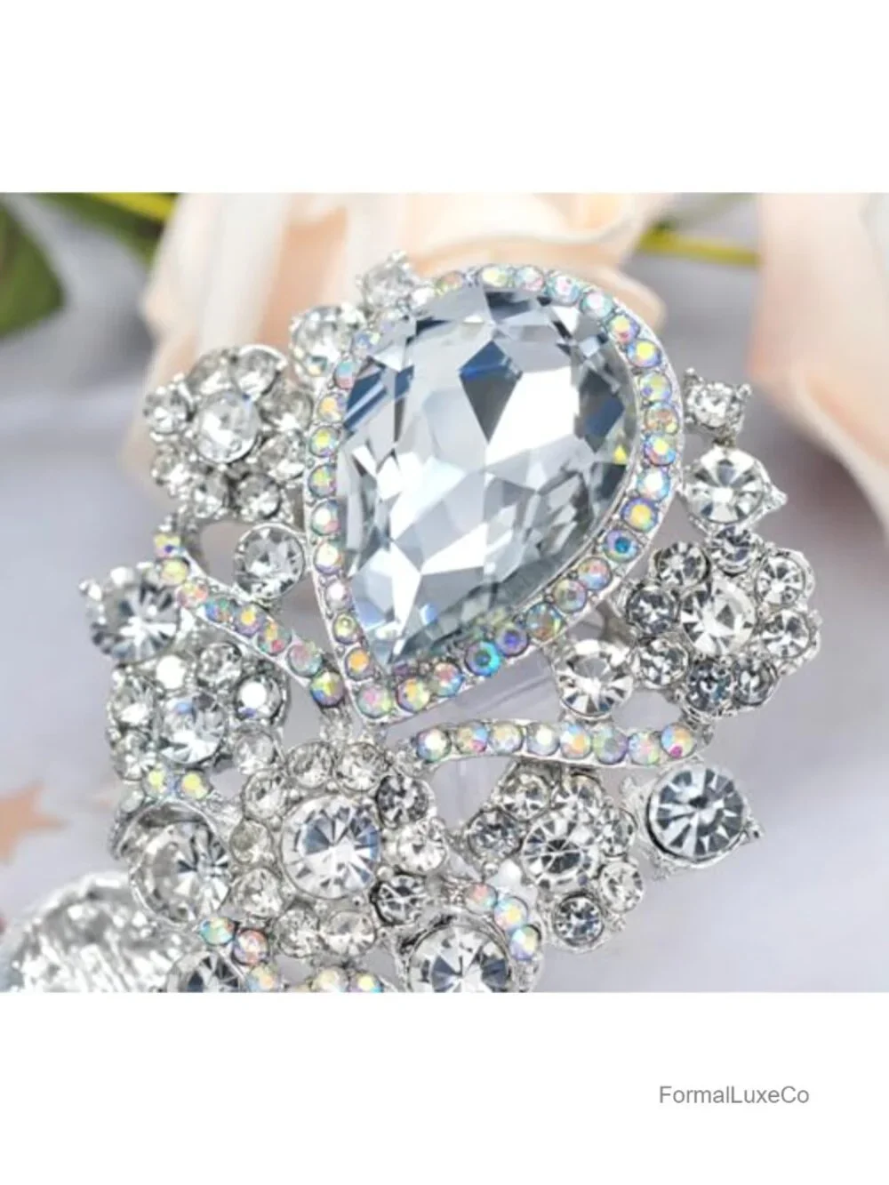Large Rhinestone Floral Brooch Pin for Jackets, Suits, Wedding - 3.8